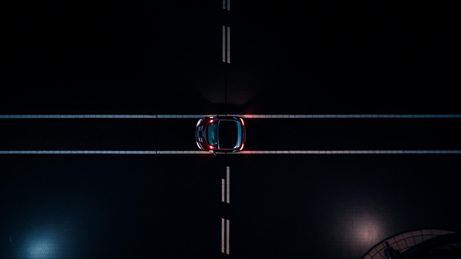 Aerial night view of a single car on a dark, wet road
