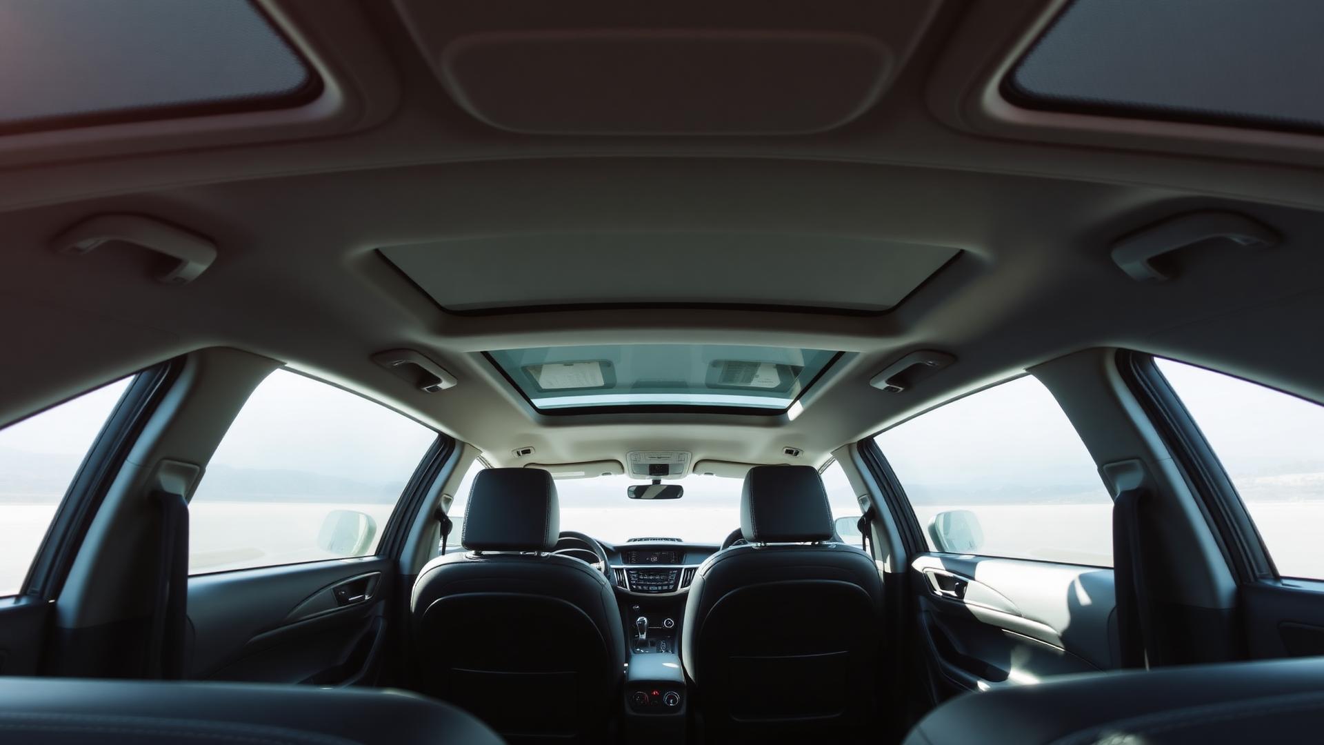 Wide interior view of a modern car cabin looking forward from the rear seats