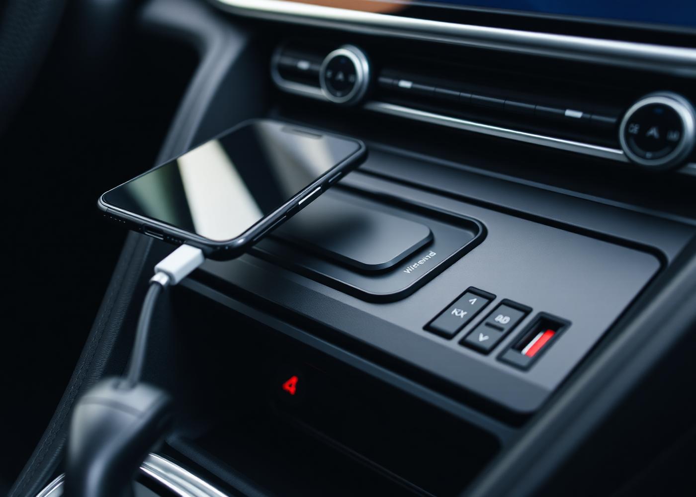 Smartphone connected on a car centre console with USB and wireless charging