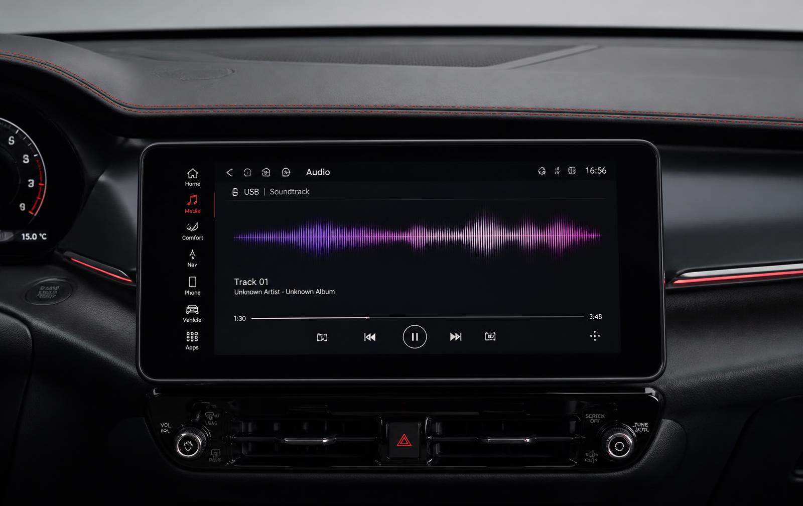Modern car dashboard and infotainment touchscreen displaying an audio waveform