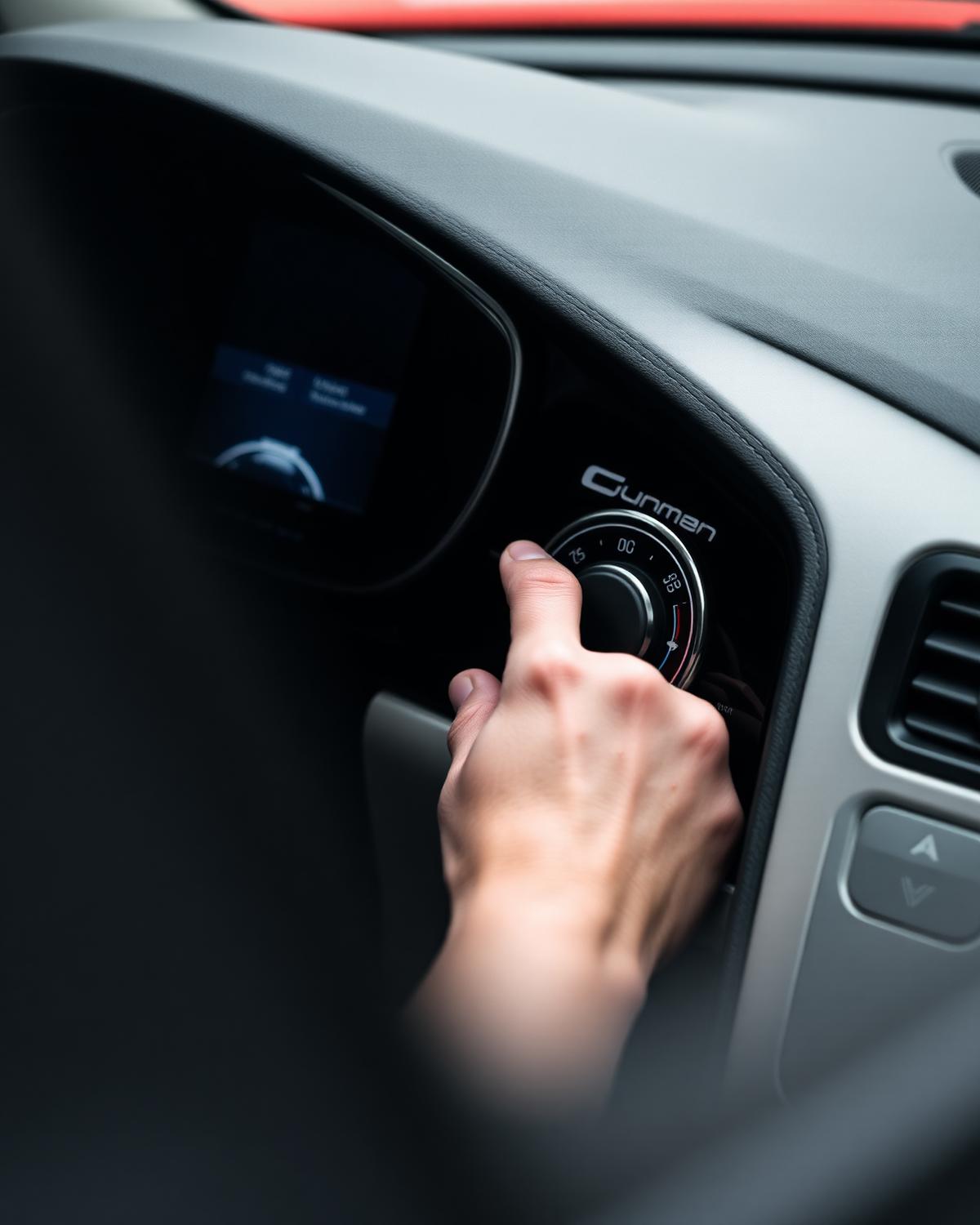 A hand adjusting a metal control dial on a modern car dashboard