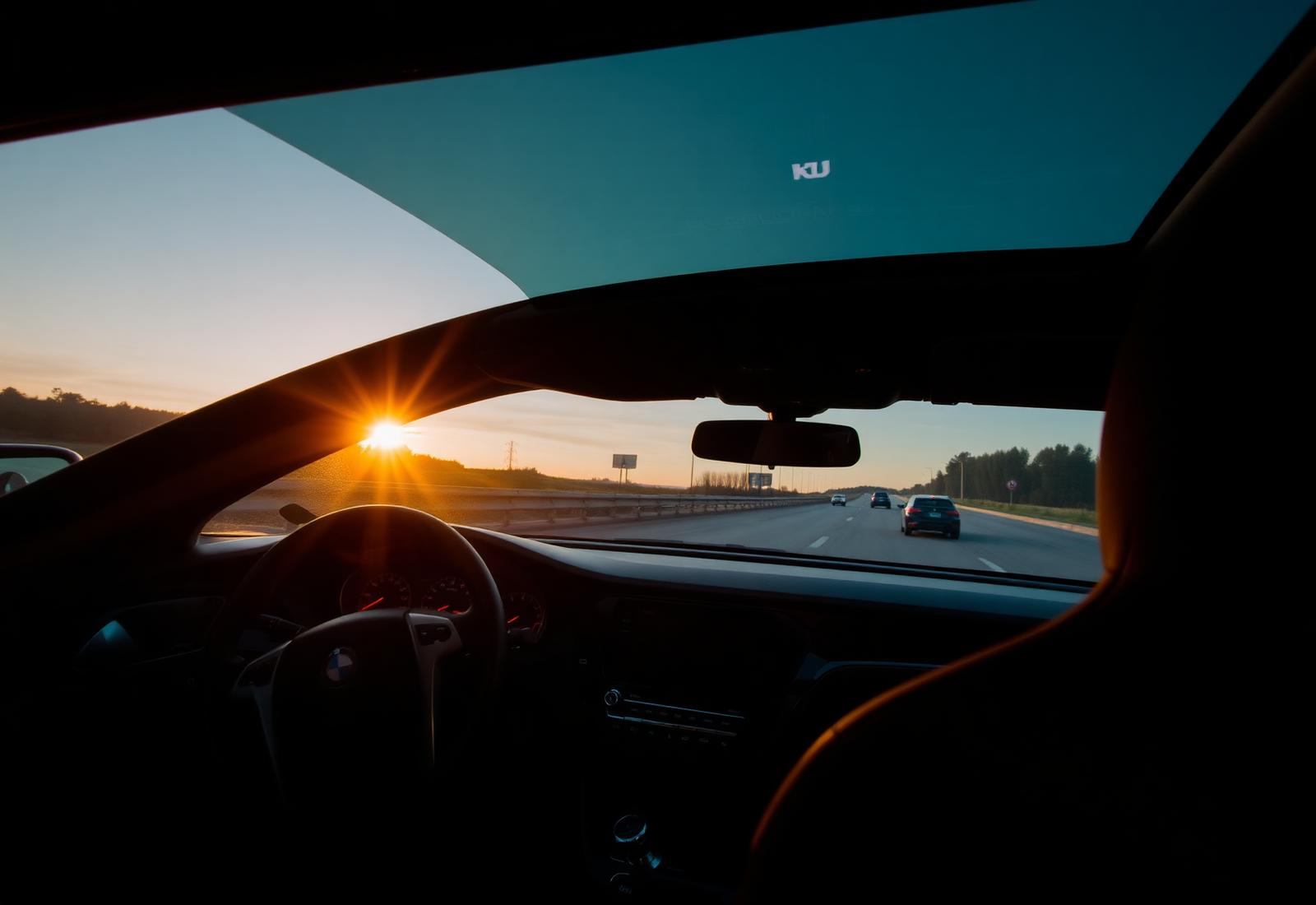 View from inside a car at sunset with lit dashboard gauges