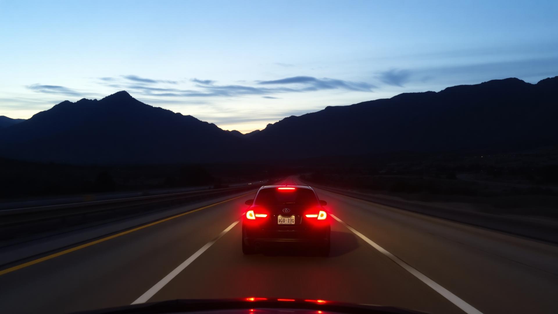 A car driving along an open highway at dusk with red tail lights glowing