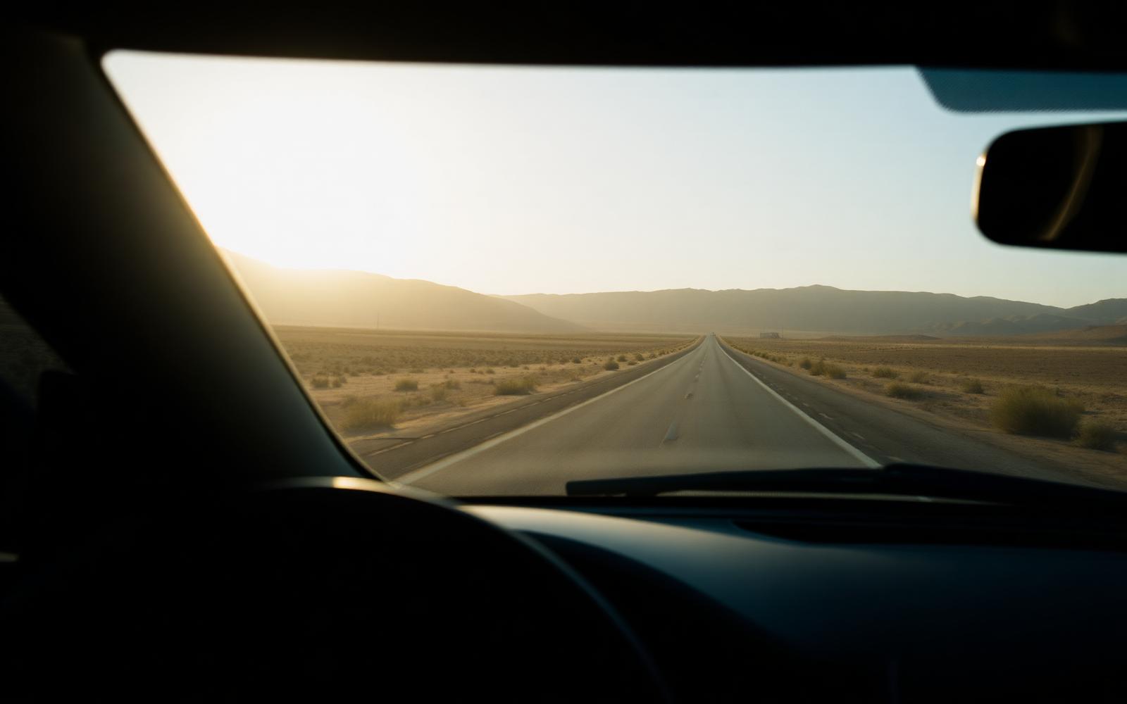 Desert highway seen through a car windshield in late afternoon light