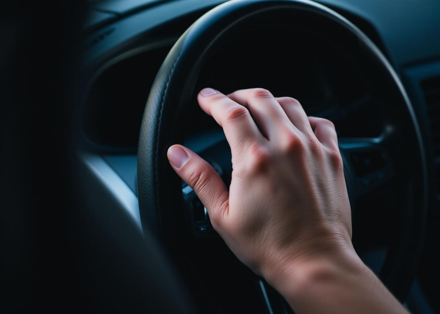 Driver's hand resting on a steering wheel with audio control buttons